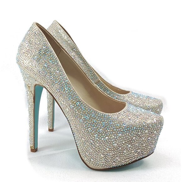 Blue by Betsey Johnson Champagne Sparkly Rhinestones Wish Heels Platforms Pumps - Picture 3 of 9